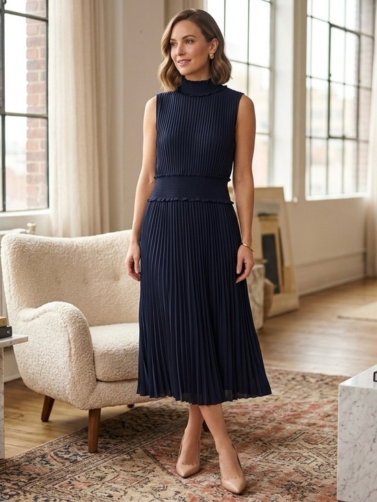 Nanette Lepore Dresses & Skirts - NANETTE Nanette Lepore Navy Blue Pleated Midi Dress Sleeveless Size 2